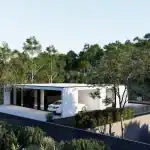 3D render of villa AH from a bird's-eye view with lush greenery in the back