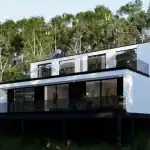 3D render of villa AH from the back with balconies on both floors