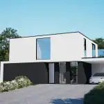3D render of villa AK at the main entrance with a car parked in the carport on the side and the ground floor cladded with black fluted panels