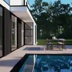 3D render of the back of villa AK with black framed windows at a composite decked patio with swimming pool in front