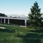 3D render of villa DD in a hilly landscape with large pine trees on the side