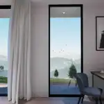 3D render of the study desk in the master bedroom of villa DD with view outside to the hilly landscape