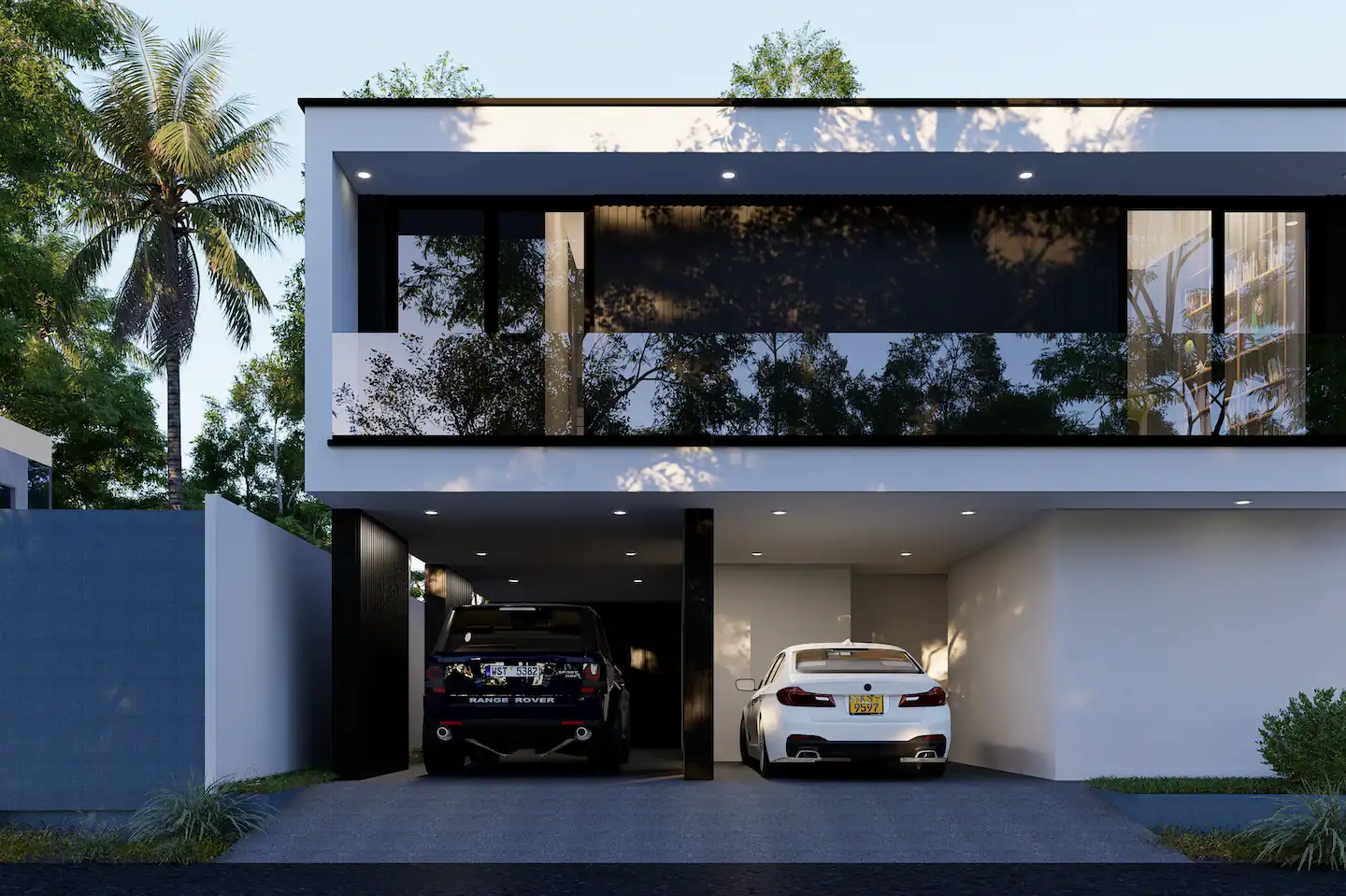 Exterior view of a modern MVIVO villa illustrating luxury home construction in Sri Lanka, featuring a three car carport and an overhanging upper floor.