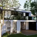 3D render of villa LP with balcony on the upper floor, patio with composite decking downstairs and boundary wall