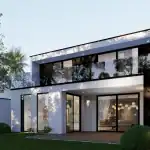 3D render of villa LP with balcony on the upper floor and patio with composite decking downstairs