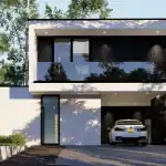 Luxury house design in Sri Lanka with a close-up of the main entrance, integrated carport and upper-floor balcony.