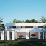 3D render of villa NS with two carports, large driveway and black framed ribbon windows on the upper floor