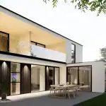 3D render of villa NS from the side of the back garden with large patio, outdoor dining and balconies on the upper floor