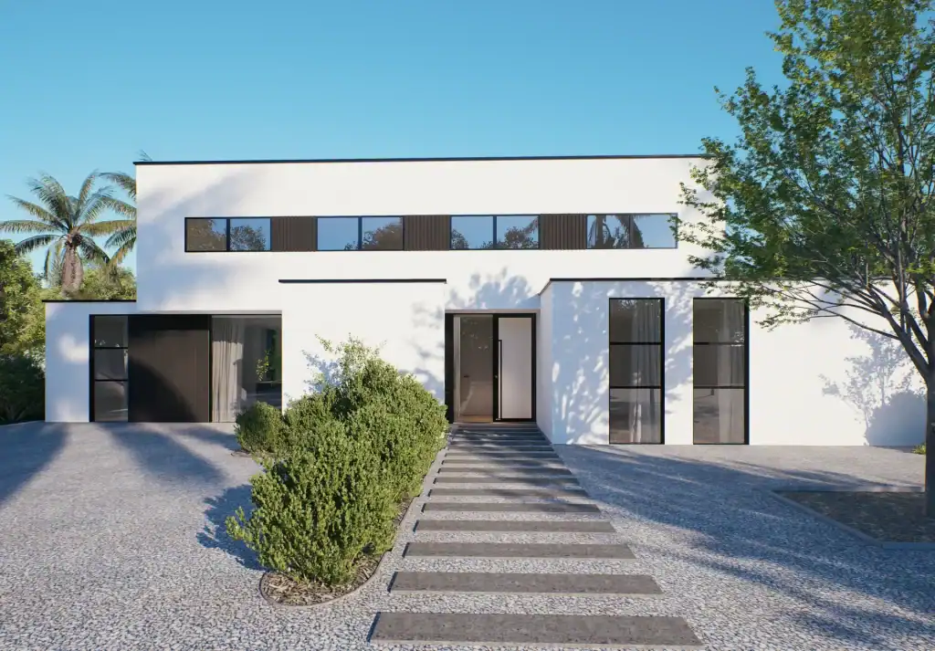 3D render of villa SR at the main entrance with walking stones up to the front door and black framed ribbon windows on the upper floor of the house