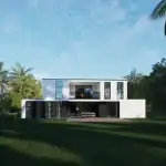 3D render of villa SR from the large backyard with a well maintained grass lawn and patio on the downstairs with outdoor dining table