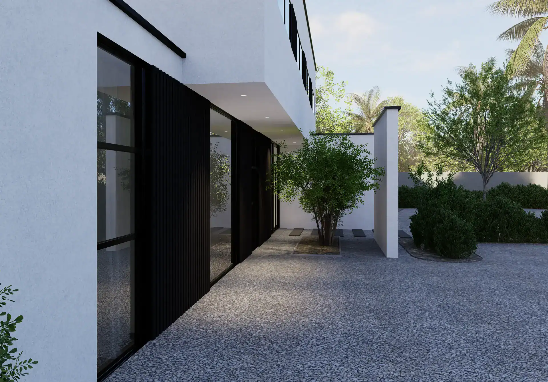 3D render of villa SR at the main entrance with part of the walls rendered in white and the middle sections of the walls cladded with black fluted panels
