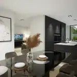 3D render of the dining room of villa SR with view to the open plan kitchen with black cupboards