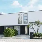 3D render of villa SW with the white rendered upper floor overhanging the main entrance and shrubbery in the front garden