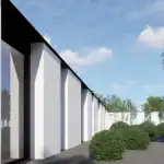 3D render of villa TV from the main entrance with large black framed windows