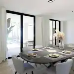 3D render of the dining room of villa TV with dark wood dining table, upholstered grey dining chairs and view to the swimming pool outside