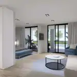 3D render of the master bedroom of villa TV with seating area on the side, wall mounted television and view to the swimming pool outside