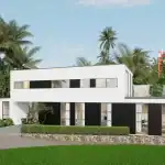 3D render of villa YD from a bird's-eye view with upstairs balcony facing the garden on the side
