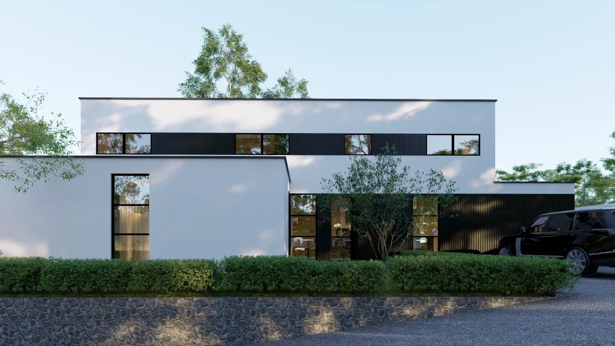 Front view of a modern luxury home used to illustrate the real house construction cost in Sri Lanka, with clean lines, large windows, and minimalist landscaping.