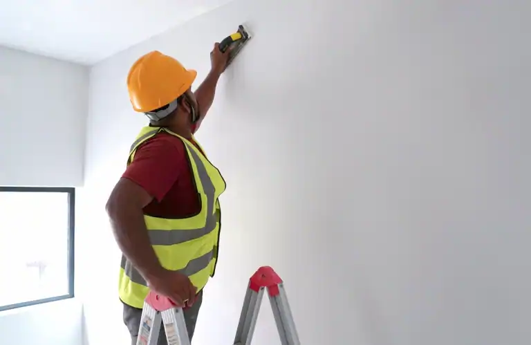 MVIVO construction worker sanding smooth drywall inside a modern villa in Sri Lanka