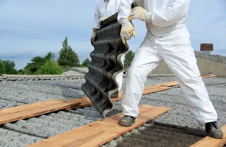 Workers in protective suits carefully removing old asbestos roofing sheets from a building during a safe roof replacement process