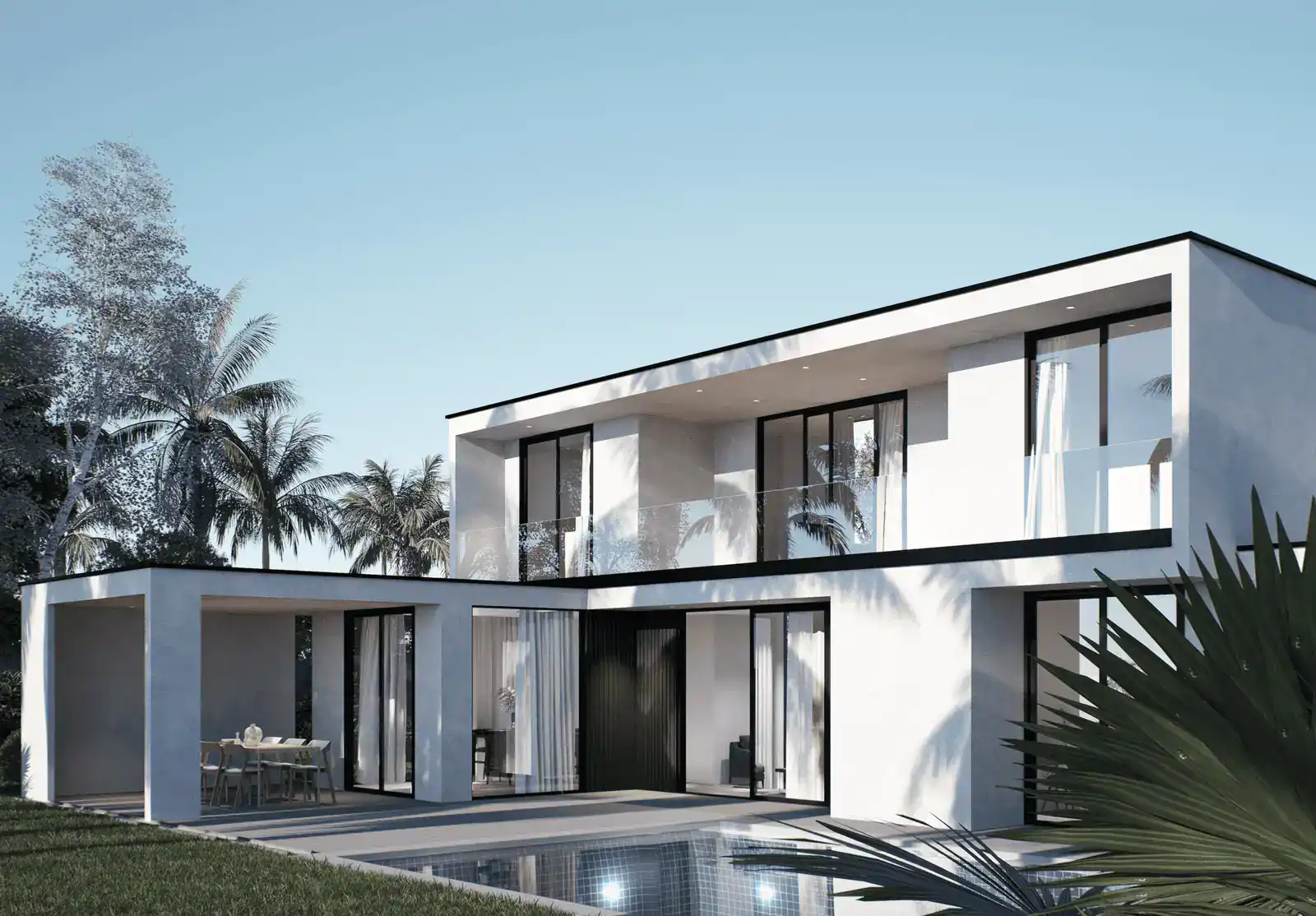 Front view of Villa CW, a two-storey modern villa with a flat roof, white façade, and glass railings, set among palm trees in a tropical garden