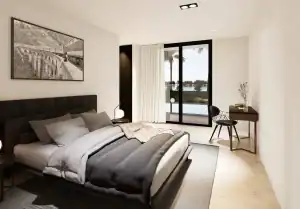 Bedroom in Villa CW with soft neutral tones, a modern writing desk, and large glass doors opening to a view of the pool and tropical greenery