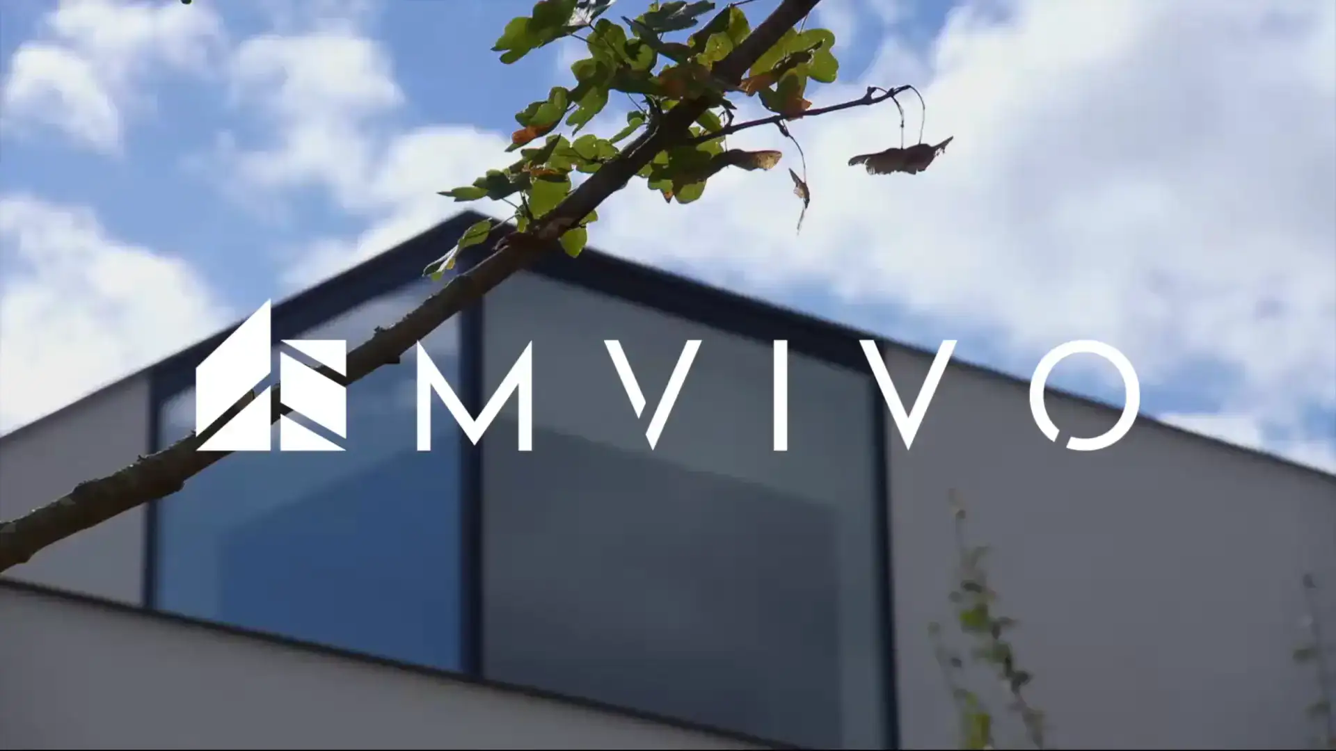 Contemporary luxury home with flat roof, black cladding, large windows and the MVIVO logo in front.