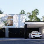 Contemporary two storey house in Sri Lanka with white façade, black vertical cladding, and covered carport.