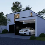 Minimalist villa exterior at dusk with clean geometric design, flat rooflines, and parked BMW in the carport.
