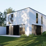 Backyard view of a modern two-storey villa with large glass windows, black accents, and landscaped garden.