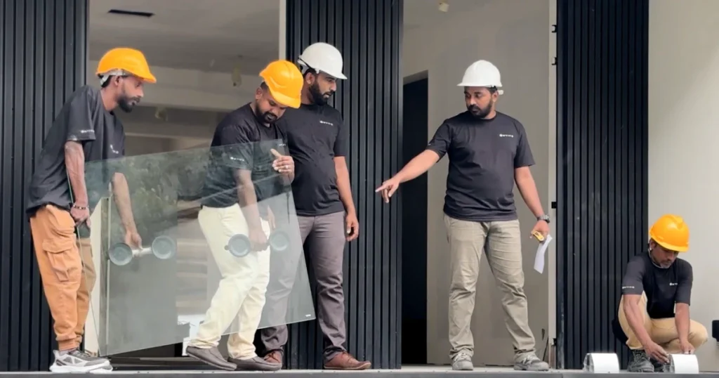 MVIVO construction team installing glazing on a modern home