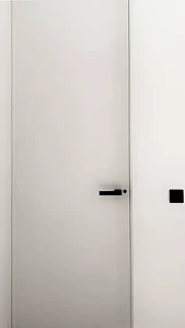 Minimalist white flush door with a black handle and clean modern detailing.